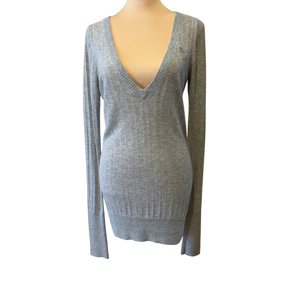 Abercrombie & Fitch Pointelle Sweater Size L Gray Ribbed V-Neck Vintage Y2K Knit